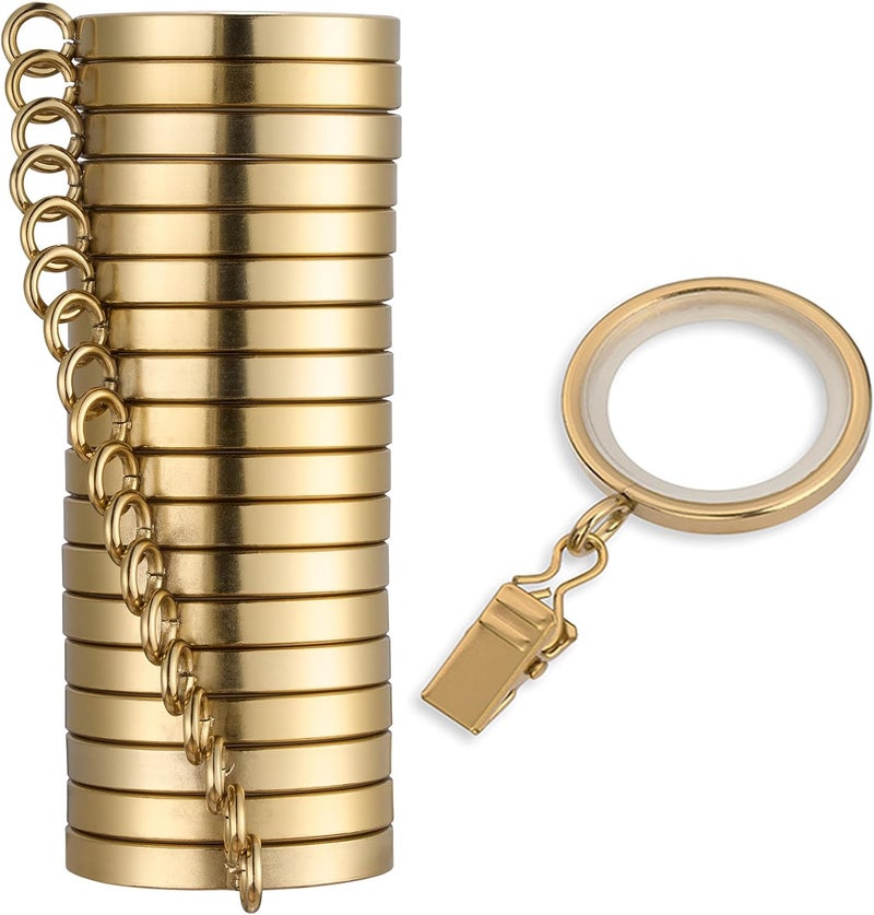 MODE Cambria Designer Series - Premium Easy Glide 18 Count Small Curtain Rings - Metal with Nylon Inserts and Clips - 1 inch Inner Diameter - use for rods 5/8" or Smaller - Brushed Gold - Image 1